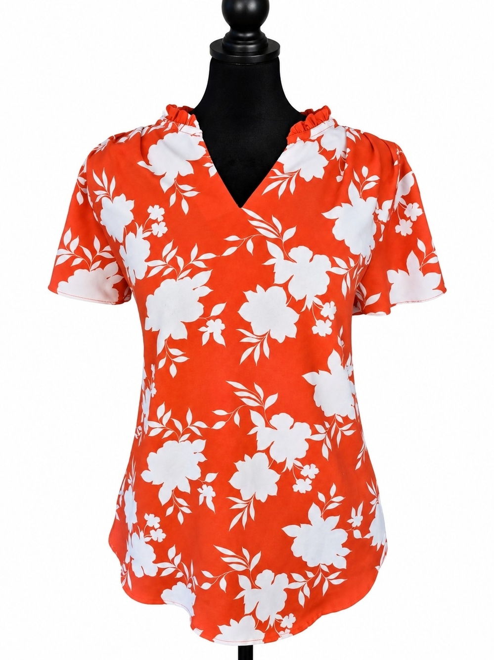 Hawthorn Red & White Floral Ruffle Neck Blouse – Women’s Small